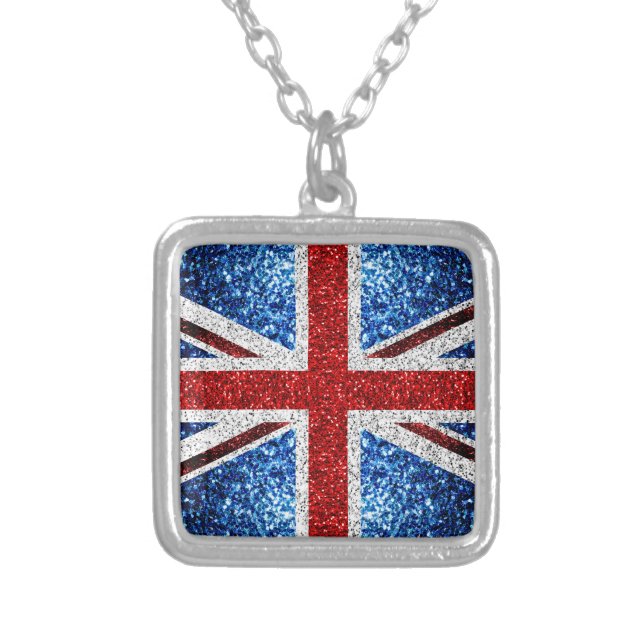 UK flag red blue white sparkles glitters Silver Plated Necklace (Front)