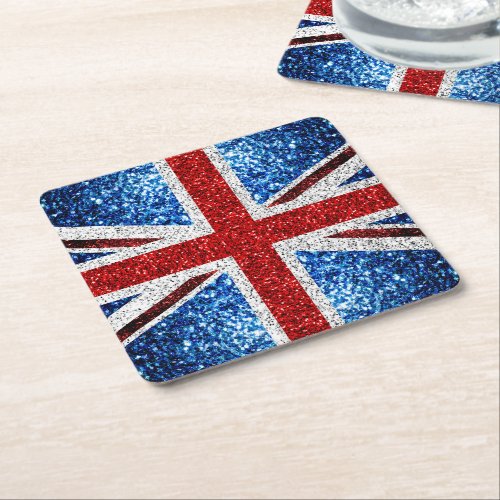 UK flag red blue white sparkles glitters Square Paper Coaster
