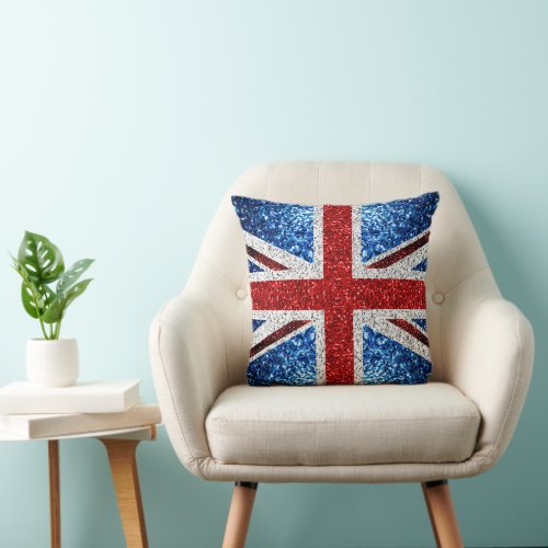UK flag red blue white sparkles glitters Throw Pillow