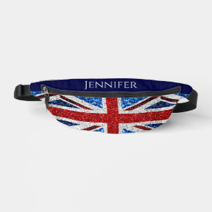 UK flag red white blue sparkles Custom name text Fanny Pack