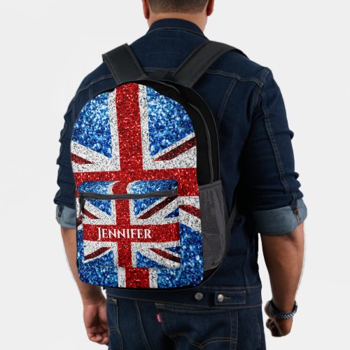 UK flag red white blue sparkles Custom name text Printed Backpack