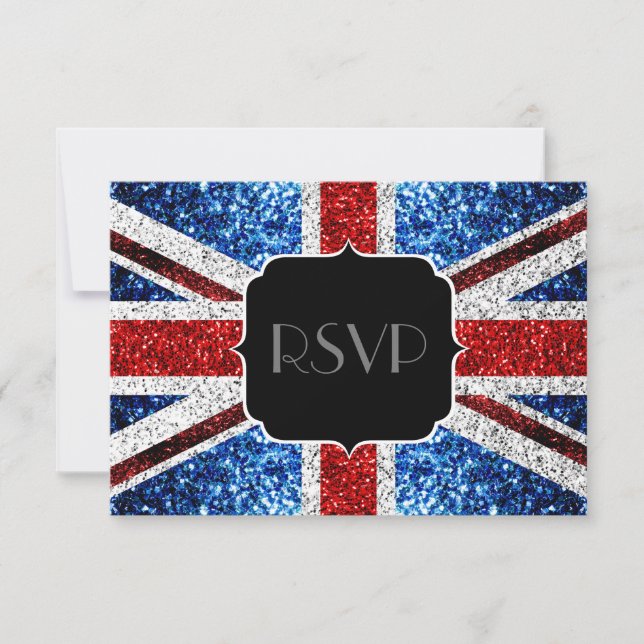 UK flag red white blue sparkles sparkles Sweet 16 RSVP Card (Front)