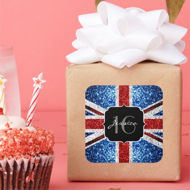 UK flag red white blue sparkles sparkles Sweet 16 Square Sticker (Party)
