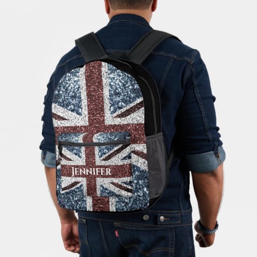 UK flag rustic sparkles Custom name text Printed Backpack