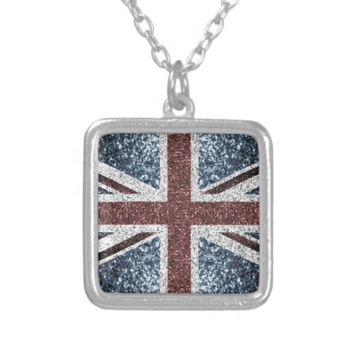 UK flag Rustic vintage sparkles glitters bling Silver Plated Necklace