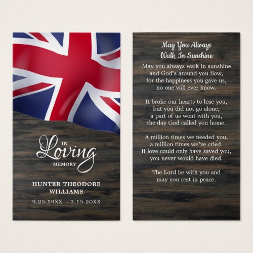 UK Flag Sympathy Funeral Memorial Prayer Card