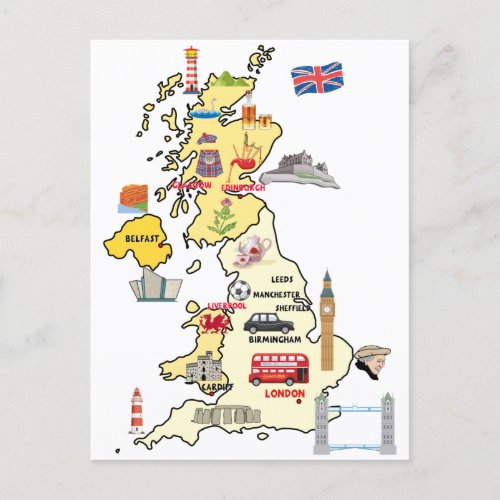 UK map ILLUSTRATED MAP OF UNITED KINGDOM  Postcard