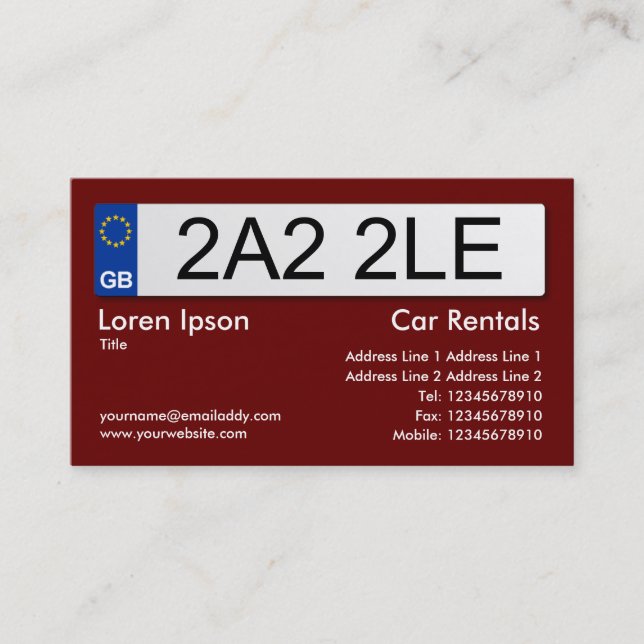 UK Number Plate - Dark Maroon Business Card (Front)