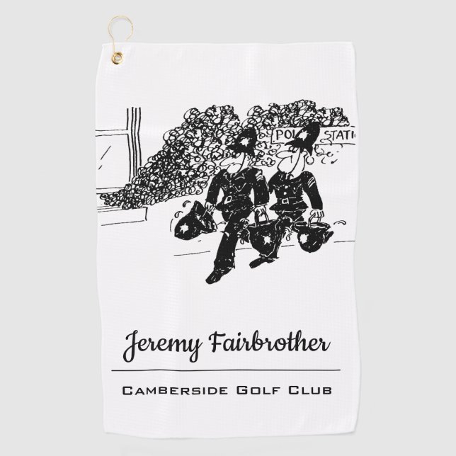 UK Police Carrying Water in Helmets Golf Towel (Front)