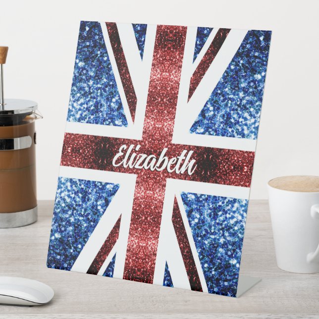 UK red blue sparkles glitters Custom name Pedestal Sign (In SItu)