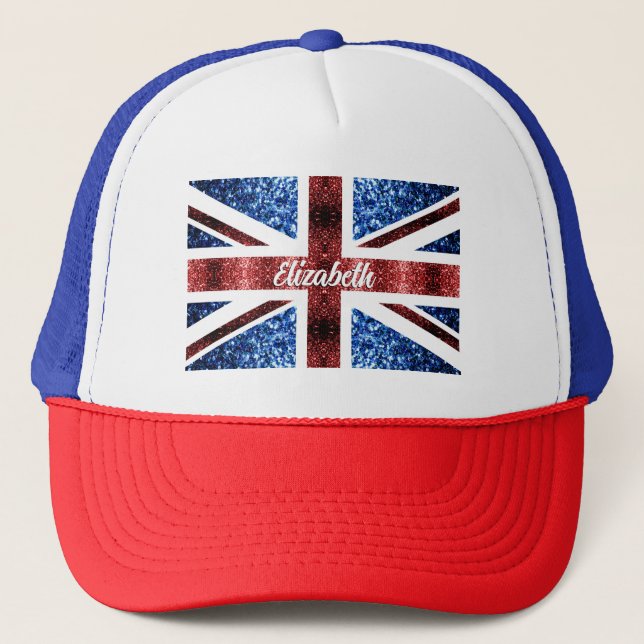 UK red blue sparkles glitters Custom name Trucker Hat (Front)