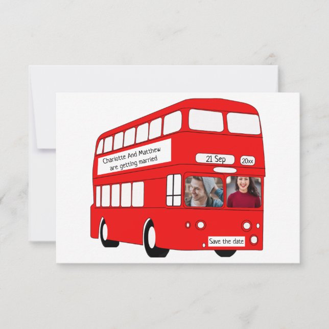 UK Red London Bus British Save The Date Wedding Announcement (Front)