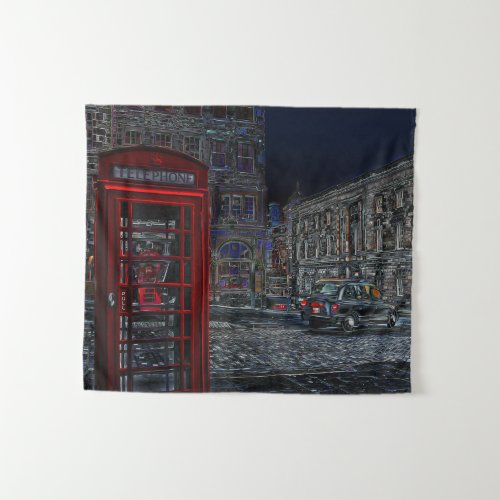 UK Red Phone Box and Black Cab at Night Tapestry