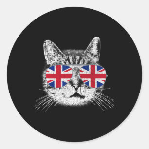 Uk Union Jack British Flag England Cat Sungles Gif Classic Round Sticker