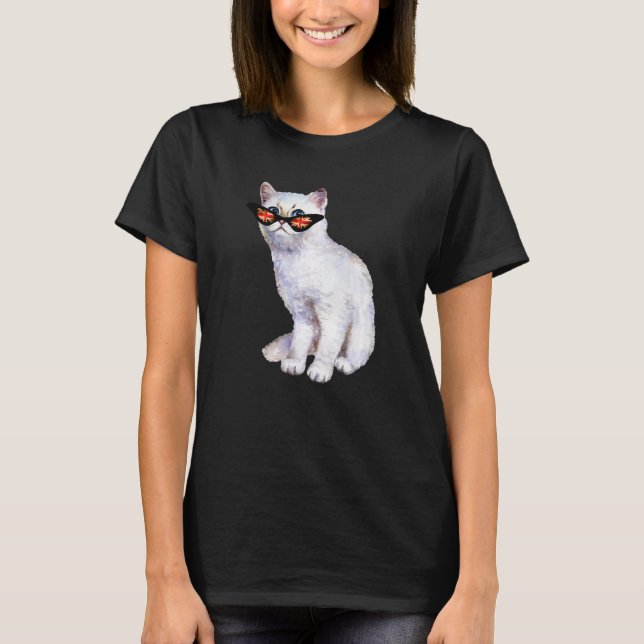 Uk Union Jack British Flag England Silver Cat Sung T-Shirt (Front)