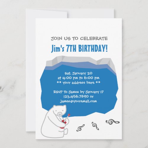 Uke Polar Bear 7th Birthday Party Invitation 5" X 7" Invitation Card