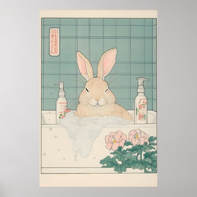 Ukiyo-e Bunny Print Funny Rabbit in Bathtub (Front)