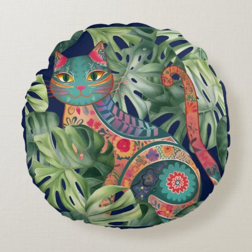 Ukiyo_e Cat and Monstera Leaves Pattern Vol1 Round Pillow