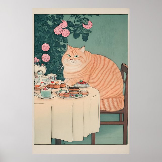 Ukiyo-e Cat Print Japanese Dining Room Art, Ginger (Front)