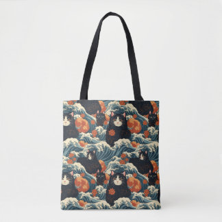 Ukiyo-e Cats of Kanagawa Pattern Tote Bag