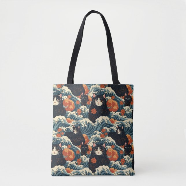 Ukiyo-e Cats of Kanagawa Pattern Tote Bag (Front)