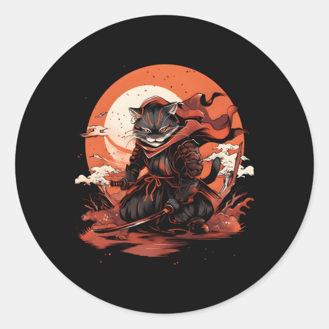 Ukiyo-E Japanese Cat Style Anime Ninja Cat Classic Round Sticker (Front)