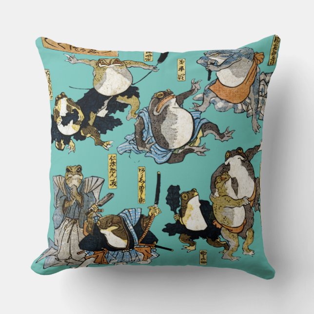 Ukiyo-e print - Frogs as Japanese Kabuki actors Throw Pillow (Front)
