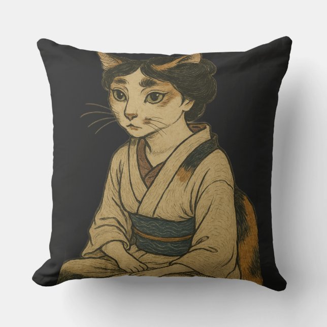 Ukiyo-e style calico cat cover throw pillow (Front)