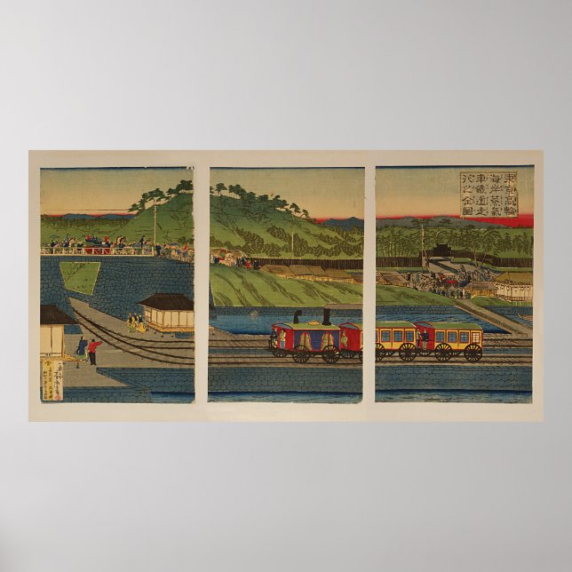 Ukiyo-e Triptych: Steam Train at Takanawa Seashore Poster (Front)