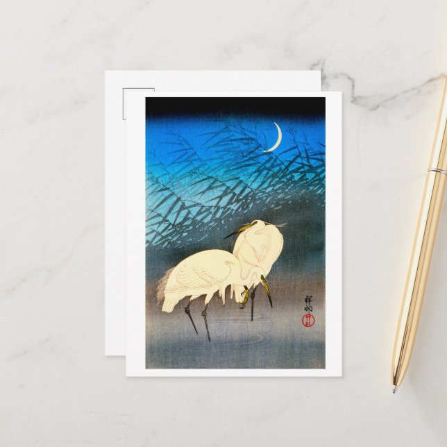 Ukiyoe - Egrets and Reeds in Moonlight Postcard (Front/Back In Situ)