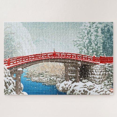 ukiyoe - hasui - m12 - Snow at Shinkyo Bridge, ... Jigsaw Puzzle
