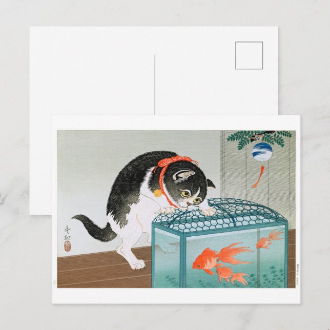 Ukiyoe [Koson] Cat and Goldfish  Postcard (Front/Back)