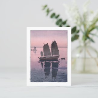 ukiyoe - Yoshida - 12 - Sailing Boats-Evening -  Postcard