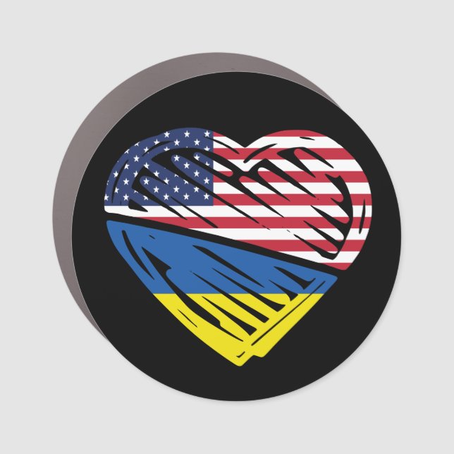 Ukraine American Flag Heart Ukrainian Solidarity Car Magnet (Front)