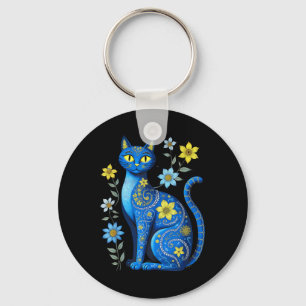 Ukraine Cat Floral Vintage Ukrainian Flag Vyshyvan Keychain