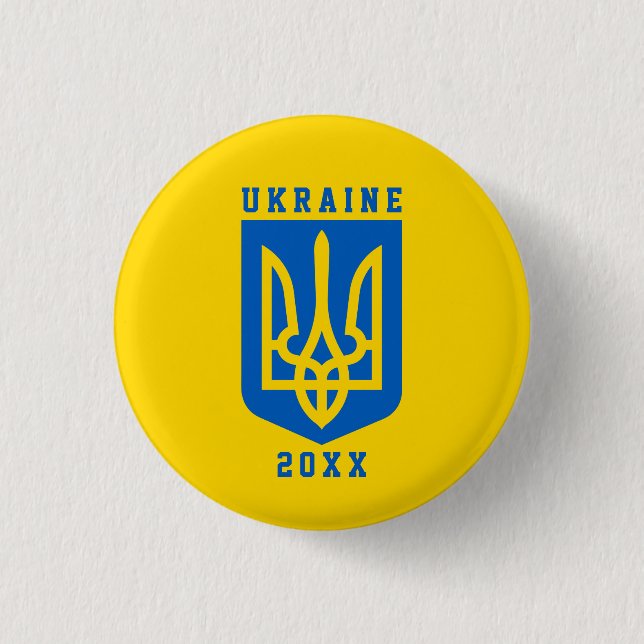 UKRAINE Coat of Arms and Year on YELLOW  Button (Front)