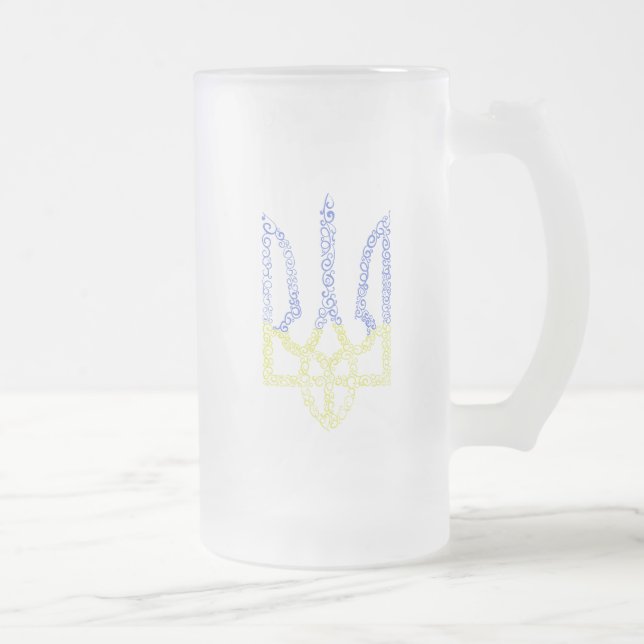 Ukraine coat of arms trident tryzub spiral pattern frosted glass beer mug (Right)
