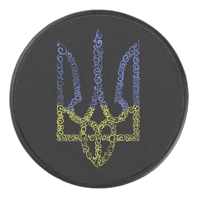 Ukraine coat of arms trident tryzub spiral pattern hockey puck (Front)