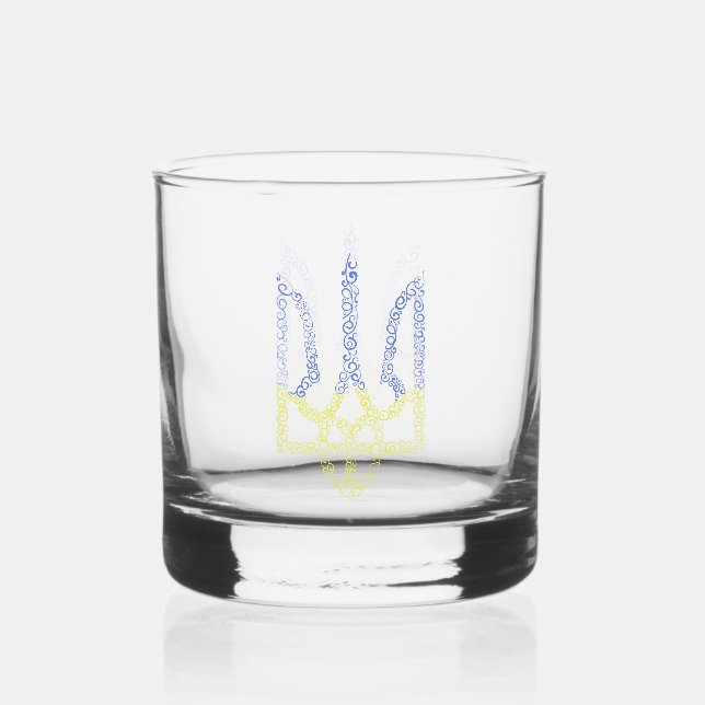 Ukraine coat of arms trident tryzub spiral pattern whiskey glass (Front)