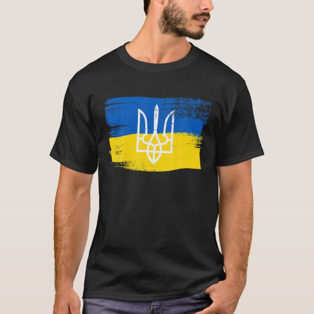 Ukraine Flag And Coat Of Arms Painted T-Shirt (Front)