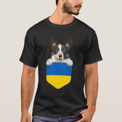 Ukraine Flag Cardigan Welsh Corgi Dog In Pocket T_Shirt