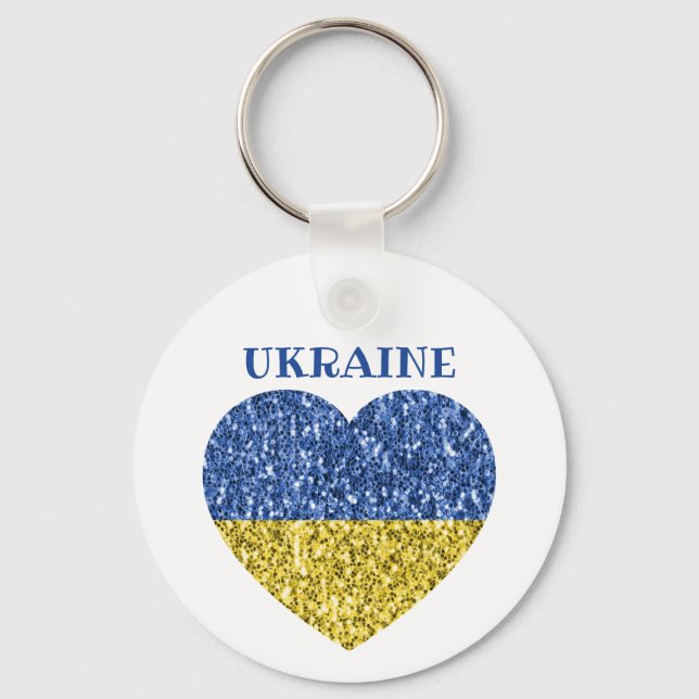 Ukraine flag glitter faux sparkles Heart with text Keychain (Front)
