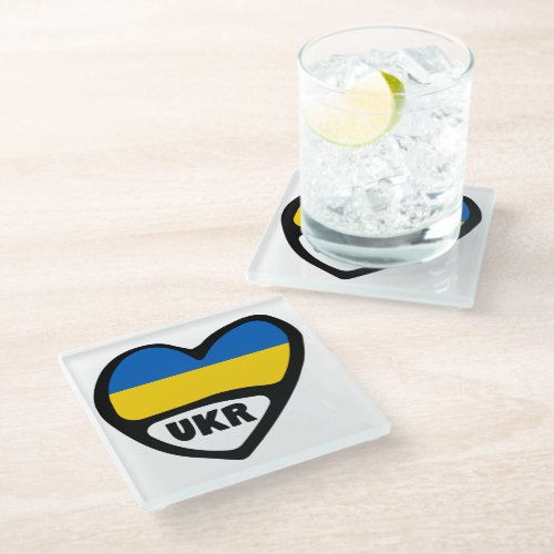 Ukraine Flag In Heart Country Code UKR Glass Coaster