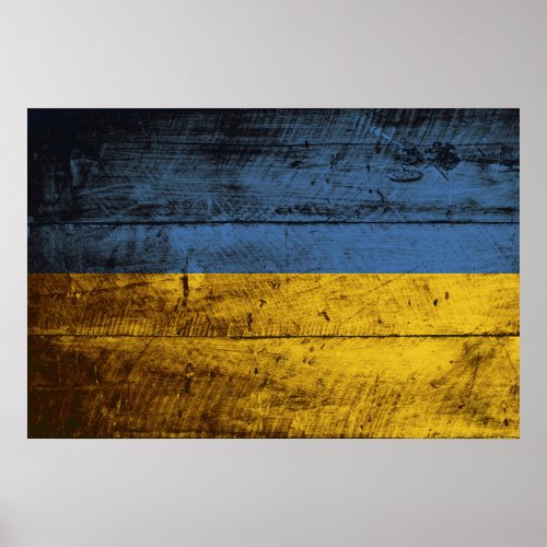 Ukraine Flag on Old Wood Grain Poster