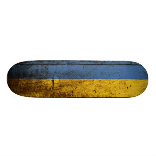 Ukraine Flag on Old Wood Grain Skateboard Deck