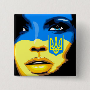 Ukraine Flag painted on Beautiful Girl Portrait Button