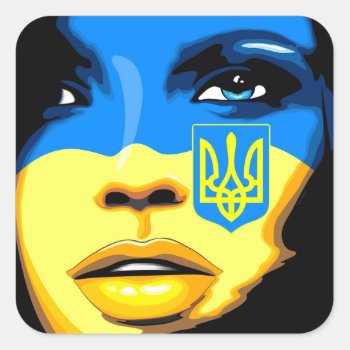 Ukraine Flag Painted On Beautiful Girl Portrait  Square Sticker by Bluedarkat at Zazzle