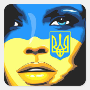 Ukraine Flag painted on Beautiful Girl Portrait Square Sticker