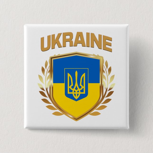 Ukraine Flag Shield & Emblem Button (Front)