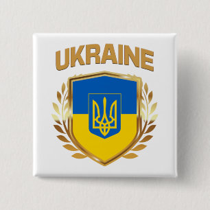 Ukraine Flag Shield & Emblem Button